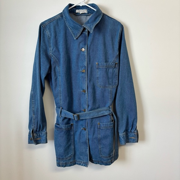 Vintage Karen Kane Belted Long Blue Denim Jacket - Picture 1 of 16
